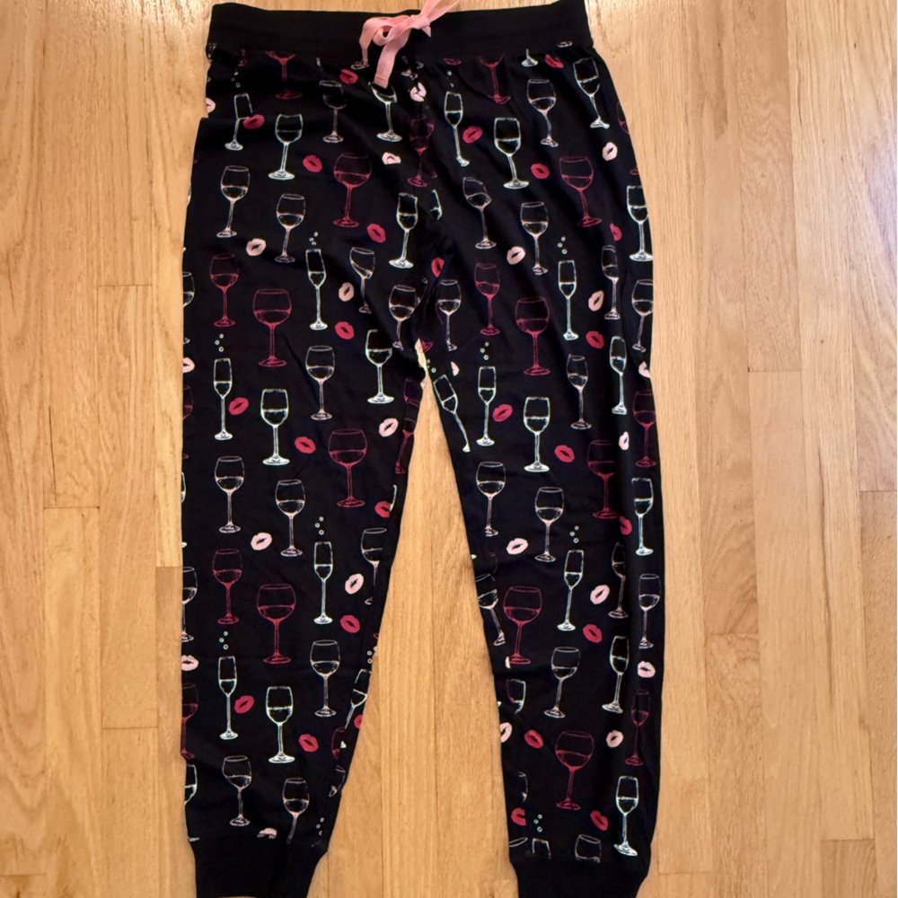 Black PJ Salvage Joggers with Colorful Wine Glass Pattern SZ Medium
